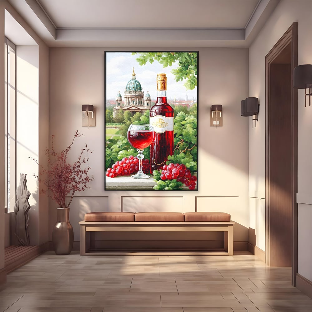 Tablou canvas cu pictura cu sticla de vin si cupola, in rama de aluminiu negru